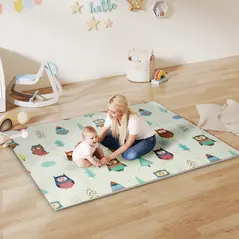 AIYAPLAY Foldable Baby Plat Mat Double Sided, Kids Floor Mat for Crawling, 200L x 150W cm, Car track and Owl Theme - 2