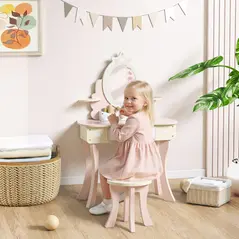 AIYAPLAY Kids Dressing Table, Girls Vanity Set with Mirror and Stool, 7 Play Accessories, Drawer, Desktop Storage, Pink - 2