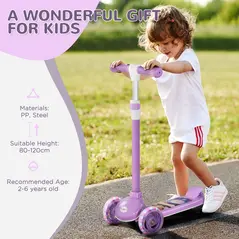 AIYAPLAY Kids 3 Wheel Scooter for 2-6 Years Old w/ Adjustable Height, LED Light, TPE Handlebar, Purple - 7