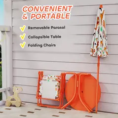 AIYAPLAY Kids Patio Set, Children Table and Chair Set, Outdoor Picnic Table with 2 Folding Chairs and Umbrella, Orange - 5