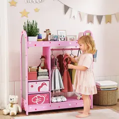AIYAPLAY Kids Clothes Rail, Kids Wardrobe with Mirror, Shelves, Fabric Storage and Hooks for Bedroom, Nursery, Pink - 2