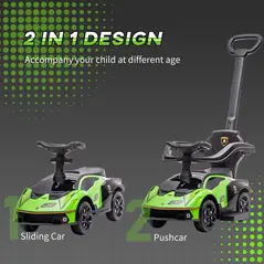 AIYAPLAY Kids 2-In-1 Lamborghini Ride-On and Stroller, with Horn - Green - 5