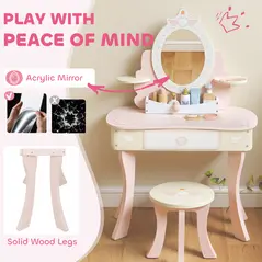 AIYAPLAY Kids Dressing Table, Girls Vanity Set with Mirror and Stool, 7 Play Accessories, Drawer, Desktop Storage, Pink - 7