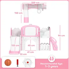 AIYAPLAY 7 in 1 Toddler Slide Set with Basketball Hoop, Climbing Frame, Telescope, Drawing Board, Storage Box, Pink - 3