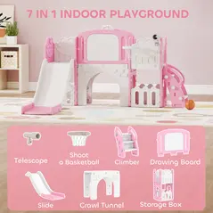 AIYAPLAY 7 in 1 Toddler Slide Set with Basketball Hoop, Climbing Frame, Telescope, Drawing Board, Storage Box, Pink - 4