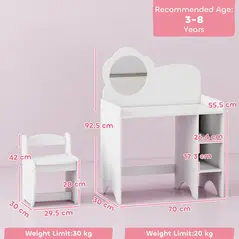 AIYAPLAY Kids Dressing Table with Mirror, Stool, Kids Vanity Table with Shelves, for Ages 3-8 Years, White - 3