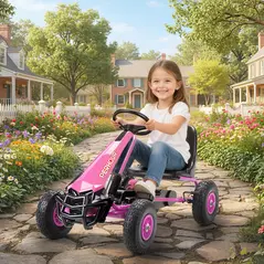 AIYAPLAY Kids Pedal Go Kart with Adjustable Seat, EVA Tyres, Manual Clutch, Brake, Go Kart for Kids 3-8 Years, Pink - 2