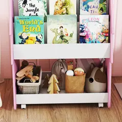 AIYAPLAY Kids Bookshelf with Toy Storage, Double-Sided Bookcase with Wheels, 3 Tier Kids Book Rack for Bedroom, Pink - 9