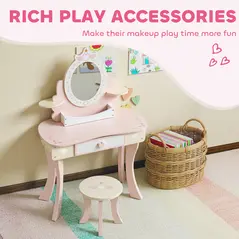 AIYAPLAY Kids Dressing Table, Girls Vanity Set with Mirror and Stool, 7 Play Accessories, Drawer, Desktop Storage, Pink - 5