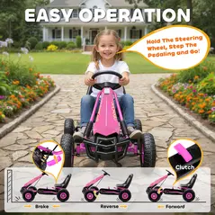 AIYAPLAY Kids Pedal Go Kart with Adjustable Seat, EVA Tyres, Manual Clutch, Brake, Go Kart for Kids 3-8 Years, Pink - 4