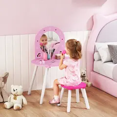 AIYAPLAY Kids Dressing Table with Mirror and Stool, Girls Vanity Set for Kids Room, Bedroom, Nursery, for Ages 3–6 Years, Pink - 2