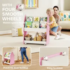 AIYAPLAY Kids Bookshelf with Toy Storage, Double-Sided Bookcase with Wheels, 3 Tier Kids Book Rack for Bedroom, Pink - 6