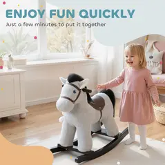 AIYAPLAY Baby Rocking Horse, Plush Ride on Toy with Handle Grip, Sound and Doll, Toddler Animal Rocker for Kids Aged 2-5, Grey - 8