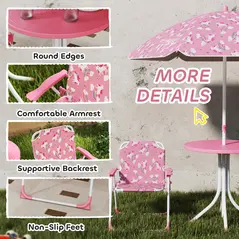 AIYAPLAY Kids Patio Table and Chair Set, Kids Garden Furniture with Umbrella, 4-Piece Bistro Set for Garden, Pink - 6
