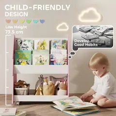 AIYAPLAY Kids Bookshelf with Toy Storage, Double-Sided Bookcase with Wheels, 3 Tier Kids Book Rack for Bedroom, Pink - 5