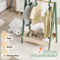 AIYAPLAY Kids Clothes Rail with 3Hangers, Bottom Storage Shelf for Girls, Boys, Nursery, Bedroom, Green - 5