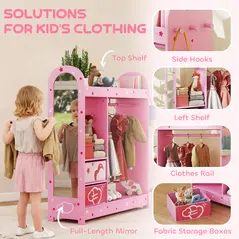 AIYAPLAY Kids Clothes Rail, Kids Wardrobe with Mirror, Shelves, Fabric Storage and Hooks for Bedroom, Nursery, Pink - 4