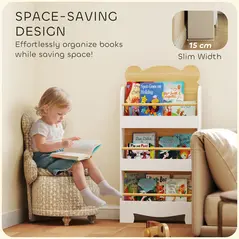 AIYAPLAY Kids Bookshelf, 3 Tier Children Bookcase, Bear Theme Toddler Space-Saving Bookcase for Living Room, White - 6