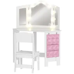 AIYAPLAY Kids Dressing Table and Stool Set, Girls Vanity Table with 2-Colour LED Lights, Tri-Folding Mirror, White - 1