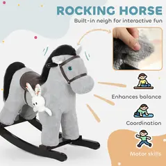 AIYAPLAY Baby Rocking Horse, Plush Ride on Toy with Handle Grip, Sound and Doll, Toddler Animal Rocker for Kids Aged 2-5, Grey - 4