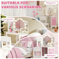 AIYAPLAY Kids Dressing Table and Stool Set, Girls Vanity Table with 2-Colour LED Lights, Tri-Folding Mirror, White - 8