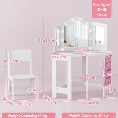 AIYAPLAY Kids Dressing Table and Stool Set, Girls Vanity Table with 2-Colour LED Lights, Tri-Folding Mirror, White - 3