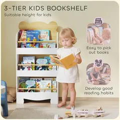 AIYAPLAY Kids Bookshelf, 3 Tier Children Bookcase, Bear Theme Toddler Space-Saving Bookcase for Living Room, White - 4