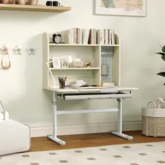 AIYAPLAY Kids Desk Height Adjustable with Tilt-Desktop, Hutch, Drawer, Storage Shelf, Pegboard, for 3-12 Years Old, Natural - 8