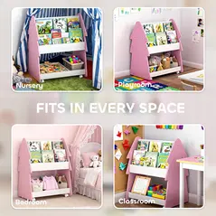 AIYAPLAY Kids Bookshelf with Toy Storage, Double-Sided Bookcase with Wheels, 3 Tier Kids Book Rack for Bedroom, Pink - 8