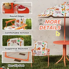 AIYAPLAY Kids Patio Set, Children Table and Chair Set, Outdoor Picnic Table with 2 Folding Chairs and Umbrella, Orange - 6
