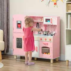 AIYAPLAY Play Kitchen, Kids Kitchen Set with Lights and Sounds, Double Stoves, Ice Maker, Chalkboard for 3+ Years, Pink - 2