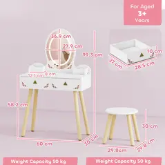 AIYAPLAY Kids Vanity Table and Chair Set with 3-Colour LED Lights Mirror, Drawer, Storage Boxes, for 3+ Years, White - 3