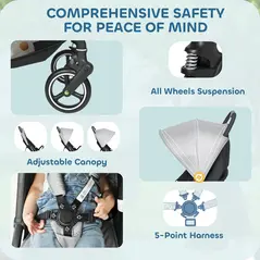AIYAPLAY Travel Stroller, Lightweight Pushchair, Compact Buggy with Canopy, Basket and Multi-Position Recline, Light Grey - 7