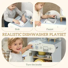 AIYAPLAY Wooden Dishwasher Playset, Kitchen Sink Toys with Faucet, Sink and Accessories, Gift for Boys Girls Toddlers - 4