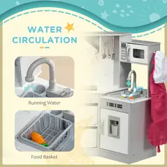 AIYAPLAY Toy Kitchen with Running Water, Lights, Sounds, Apron and Chef Hat, Water Dispenser, for Ages 3-6 Years, Grey - 4