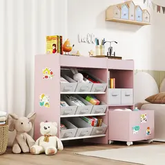 AIYAPLAY Kids Toy Storage Unit with 11 Bins, Cabinet, Top Shelves, 3 Stickers, for Nursery, Playroom, Pink - 9