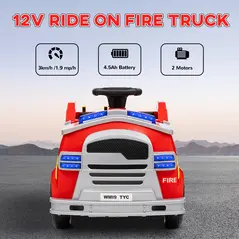 AIYAPLAY Ride On Fire Truck, 12V Kids Electric Car with Siren, Flashing Lights, Firefighting Tools, Music, Horn, Slow Start, Red - 7