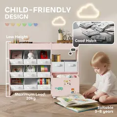 AIYAPLAY Kids Toy Storage Unit with 11 Bins, Cabinet, Top Shelves, 3 Stickers, for Nursery, Playroom, Pink - 7