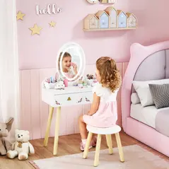 AIYAPLAY Kids Vanity Table and Chair Set with 3-Colour LED Lights Mirror, Drawer, Storage Boxes, for 3+ Years, White - 2