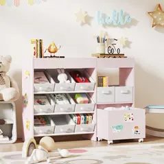 AIYAPLAY Kids Toy Storage Unit with 11 Bins, Cabinet, Top Shelves, 3 Stickers, for Nursery, Playroom, Pink - 8