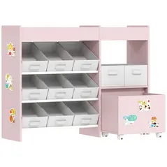 AIYAPLAY Kids Toy Storage Unit with 11 Bins, Cabinet, Top Shelves, 3 Stickers, for Nursery, Playroom, Pink - 1