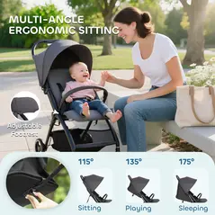 AIYAPLAY Travel Stroller, Lightweight Pushchair, Compact Buggy with Canopy, Basket and Multi-Position Recline, Dark Grey - 4