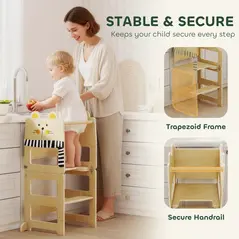 AIYAPLAY Toddler Step Stool, Standing Tower with Chalkboard, 3-in-1 Cat-Shaped Step Stool for Kitchen Counter, Natural - 5