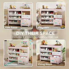 AIYAPLAY Kids Toy Storage Unit with 11 Bins, Cabinet, Top Shelves, 3 Stickers, for Nursery, Playroom, Pink - 6