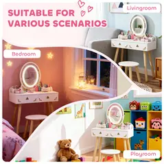 AIYAPLAY Kids Vanity Table and Chair Set with 3-Colour LED Lights Mirror, Drawer, Storage Boxes, for 3+ Years, White - 8