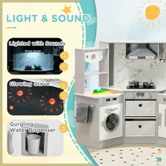 AIYAPLAY Toy Kitchen with Running Water, Lights, Sounds, Apron and Chef Hat, Water Dispenser, for Ages 3-6 Years, Grey - 5