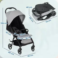 AIYAPLAY Travel Stroller, Lightweight Pushchair, Compact Buggy with Canopy, Basket and Multi-Position Recline, Light Grey - 3