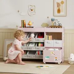 AIYAPLAY Kids Toy Storage Unit with 11 Bins, Cabinet, Top Shelves, 3 Stickers, for Nursery, Playroom, Pink - 2
