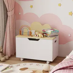 AIYAPLAY Toy Box with Lid, Toy Chest with Wheels and Safety Hinges, Toddler Storage Organiser for Playroom, Bedroom, White - 9