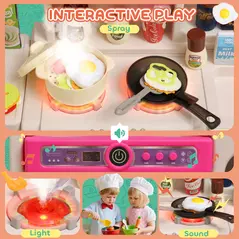 AIYAPLAY Pretend Play Kitchen Set with Realistic Lights & Sounds, 104PCS Toy Kitchen Accessories for Boys and Girls, Pink - 4